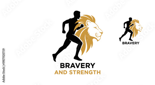 Courageous Person Running With a Lion's Head Symbolizing Bravery and Might, Logo