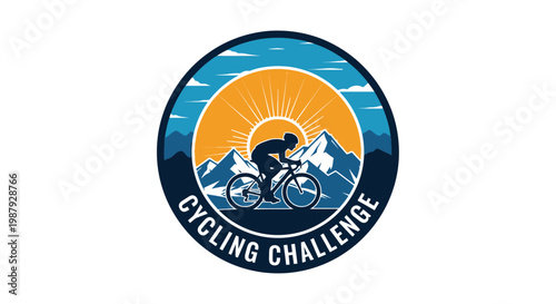 Cyclist in Silhouette on a Bicycle in Front of Mountains Against a Sunburst Emblem