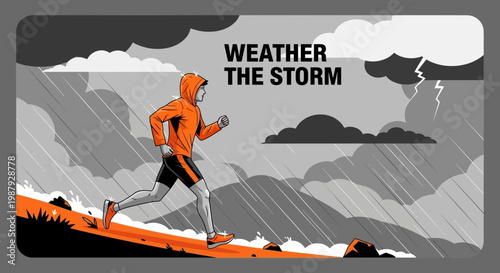 Courageous Runner Braving Inclement Weather During a Dramatic Thunderstorm Scenario Illustration
