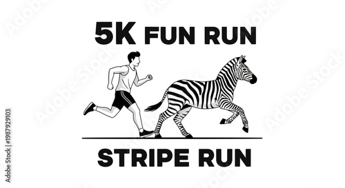 Creative 5K Fun Run Illustrative Design Featuring a Runner and a Zebra in Black and White