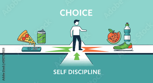 Decisions and Healthy Habits: Illustration Depicting Life Choices, Self Discipline and Consequences