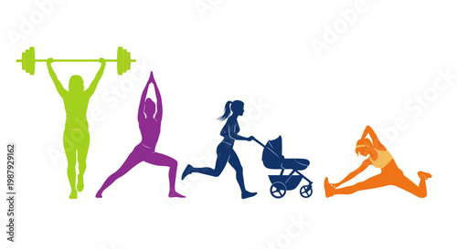 Diverse Fitness Activities Depicted, Promoting Wellness and Active Lifestyles, Various Colored