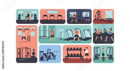 Diverse Fitness Activities Portrayed in Illustrated Sections Within a Gym Setting