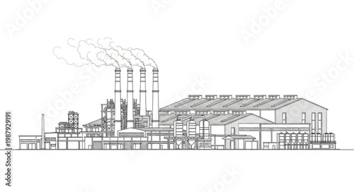Industrial factory with smoke stacks emitting steam against white background.