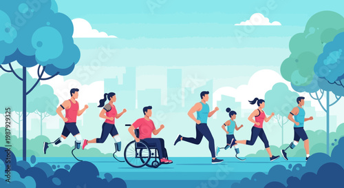 Diverse Group Joyfully Running Outdoors, Representing Inclusion, Support, and Active Lifestyle