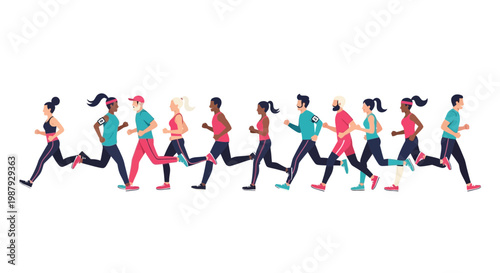 Diverse Group Of Athletes Running Together For Fitness And Wellness In Lively Animation