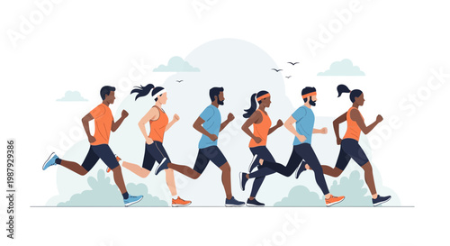 Diverse Group Of Athletes Running Together For Fitness And Wellness Illustrated