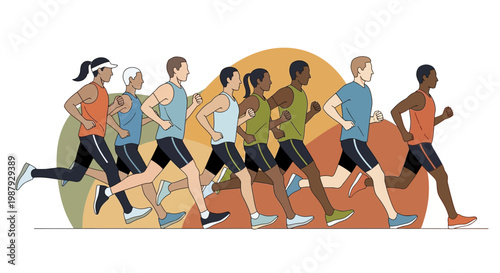Diverse Group Of Athletes Running Together In A Motion Focused Artistic Illustration