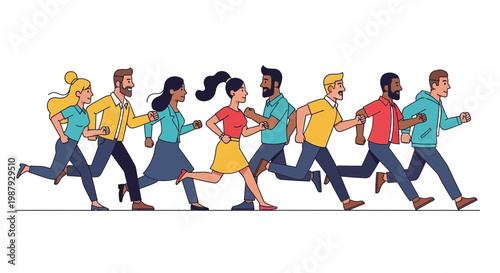 Diverse Group Of People Running Together With Energy And Enthusiasm