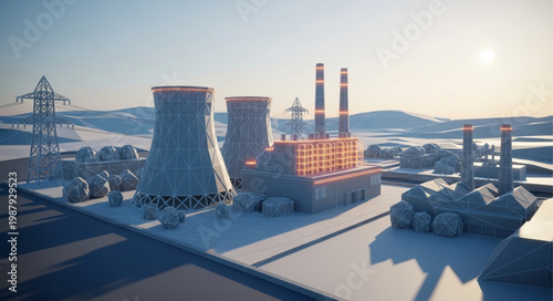 Modern Industrial Power Plant with Cooling Towers and Smokestacks.