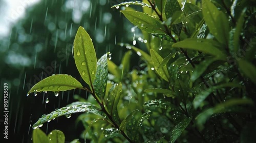 Vibrant green leaves shimmer with crystal-clear raindrops, reflecting the rejuvenating power of nature and the serene beauty of a fresh outdoor shower on lush foliage