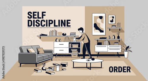 Depiction Of Person Organizing And Embracing Self-Discipline In A Neat Home Environment