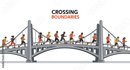 Diverse Group Running Across Suspension Bridge Symbolizing Progress And Connection