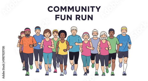 Diverse Group Running Together in a Community Fun Run Event Illustration