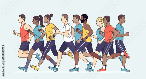 Diverse Group Running Together in a Marathon Representing Unity and Sport Competition