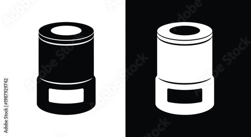 A stark black and white composition featuring two cylindrical containers with stacked sections