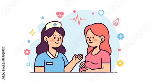 Friendly female midwife giving consultation to a pregnant woman in a clinic for International Midwives Day celebration.midwife, pregnant, woman, consultation, healthcare, pregnancy, clinic, maternity,