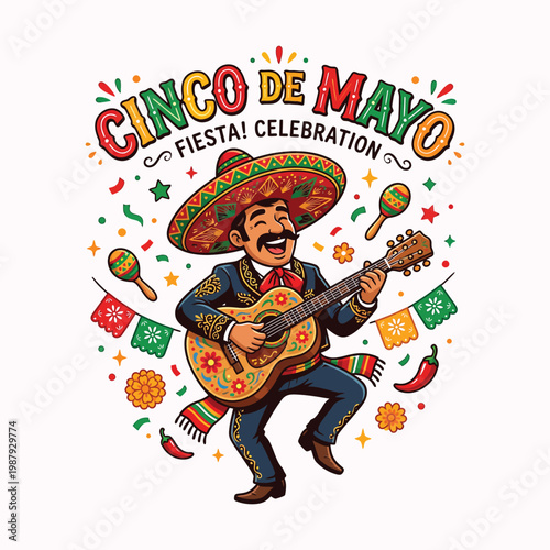 Cinco de mayo celebration with a man playing guitar and sombrero on white background