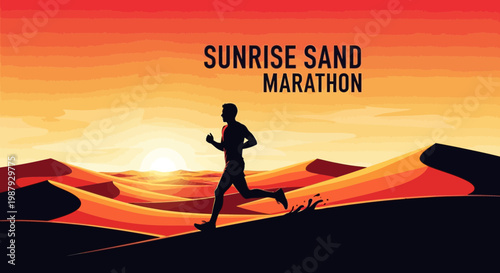 Desert Sunrise Marathon Runner Silhouetted Against Stunning Orange And Red Landscape