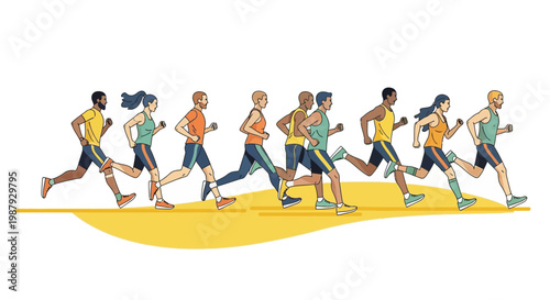 Diverse Group Running Together in a Vibrant, Energetic Fitness Illustration