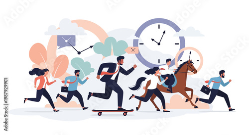 Diverse Professionals Racing Against Time On Skateboard Horse And Foot