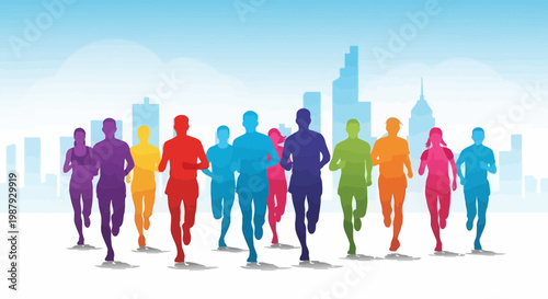 Diverse Runners Competing In Urban Marathon Event