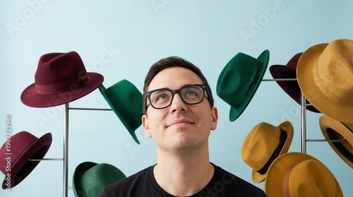 Man looking up among colorful hats on wall