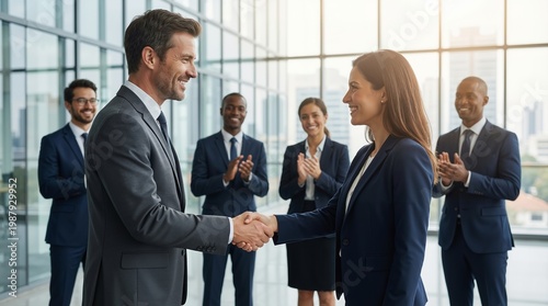 Business man and woman shaking hands in a bright glass office after a successful meeting or deal
