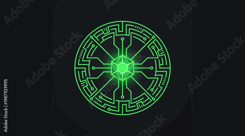 Digital Circuitry Mandala Glowing With Neon Green Energy