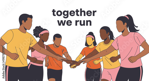 Diverse Running Group Jointly Supporting Progress with United Teamwork in Vector Illustration Style