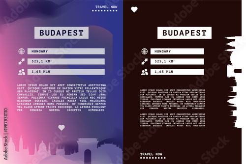 Budapest, Hungary vector infographics, brochure layout set. Guide, leaflet, flyer, graphic templates with text, information, data, city skyline shape. Mock up, copy space images series