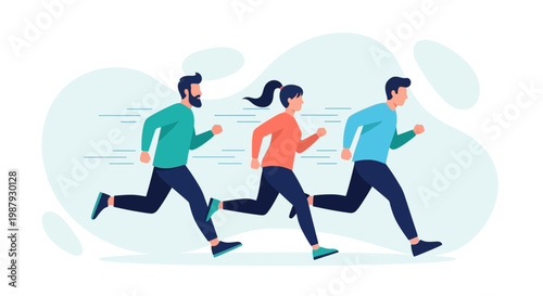 Diverse Trio Engaged In Energetic Group Running Activity