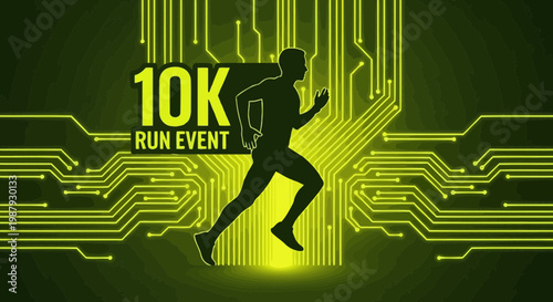 Digital Technology And Runner Silhouette Depicting A 10K Run Event Announcement