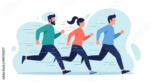 Diverse Trio Engaged In Synchronized Outdoor Running Activity