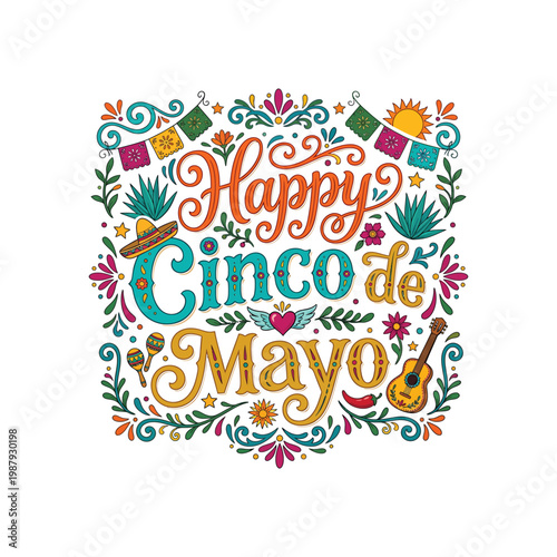 Vibrant happy cinco de mayo celebration design with floral elements isolated on white background