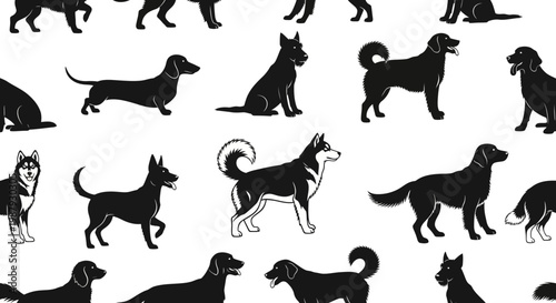 Dog Silhouette Assortment On White Background, Artistic Design Of Canine Breeds