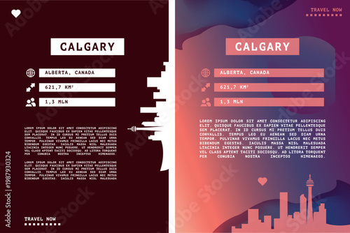 Calgary, Canada vector infographics, brochure layout set. Guide, leaflet, flyer, graphic templates with text, information, data, city skyline shape. Mock up, copy space images series