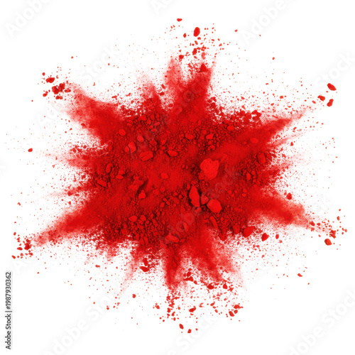 Red powder explosion bursting outward isolated on a transparent background