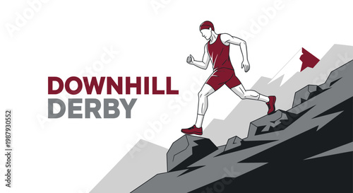 Dramatic Downhill Derby Run: Intense Athlete's Sprint Against Rugged Mountain Slope