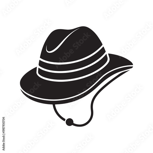 Black wide brimmed hat with chin strap and white lines  simple illustration