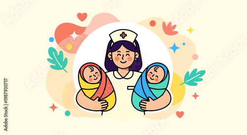 Cheerful female midwife smiling while carrying twin newborn babies with stars and hearts background for International Midwives Day.