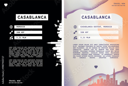 Casablanca, Morocco vector infographics, brochure layout set. Guide, leaflet, flyer, graphic templates with text, information, data, city skyline shape. Mock up, copy space images series