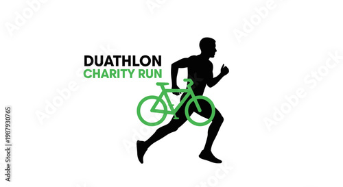 Duathlon Charity Run Concept: Athlete Silhouette with Bicycle in Dynamic Motion for Sport Event