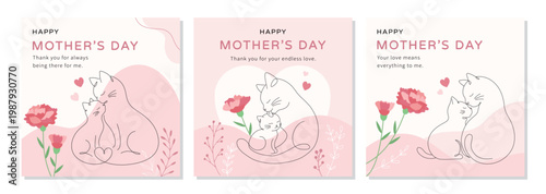 Mother’s Day Cat Card Set, Cute Mom and Baby Kitten Collection, Minimal Line Art Greeting Card Templates, Editable Vector EPS Bundle