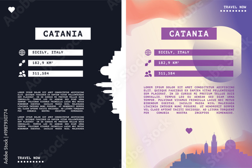 Catania, Italy vector infographics, brochure layout set. Guide, leaflet, flyer, graphic templates with text, information, data, city skyline shape. Mock up, copy space images series