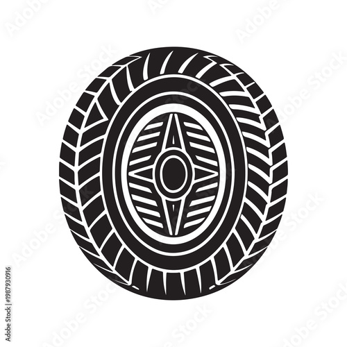 Blackandwhite illustration of a car tire with a star shaped wheel rim isolated on white background for transportation or automotive concepts