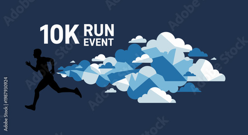 Dynamic 10K Run Event Silhouette Ascending Through Abstract Clouds