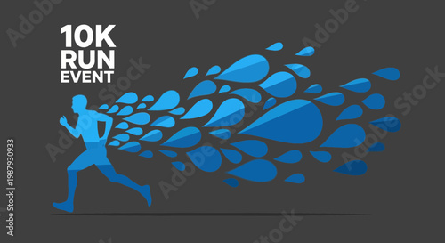Dynamic 10K Run Event Illustration With Abstract Water Droplets on Dark Background