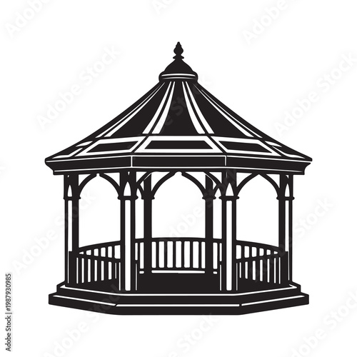 Blackandwhite illustration of a gazebo with a pointed roof and railing  outdoor structure  architecture
