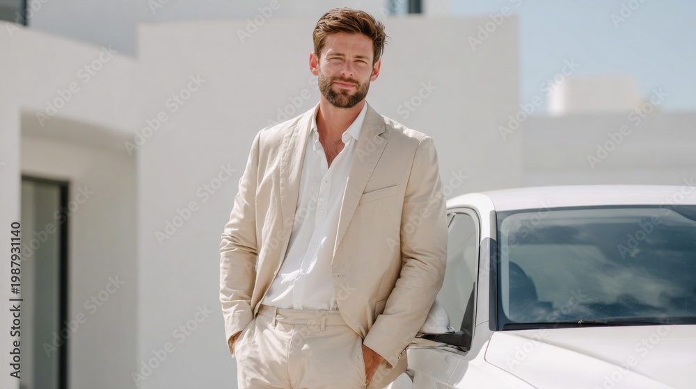 Fototapeta premium Stylish man in a beige suit stands by a car, exuding confidence and elegance.